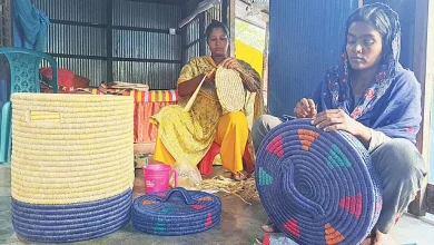নিজ বাড়িতে ছন ও খেজুরপাতা দিয়ে আকর্ষণীয় পণ্য তৈরির কাজে ব্যস্ত রুম্পা মাখাল ও তাঁর দলের সদস্যরা